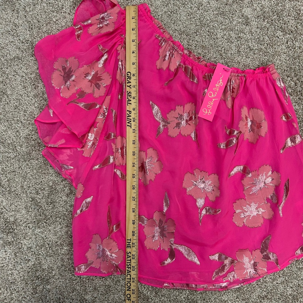 NWT Lilly Pulitzer Sarahleigh One Shoulder Top‎ Roxie Pink Women Size Large Silk - Picture 4 of 9